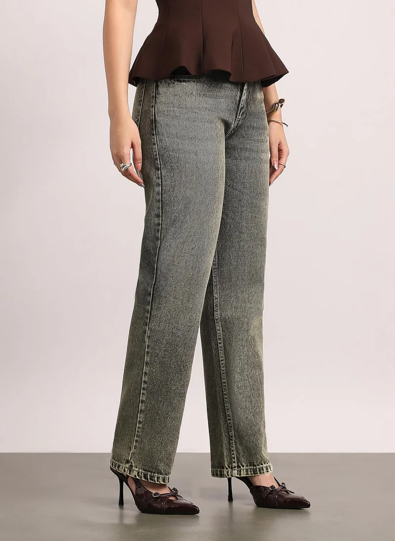 Urbano Fashion  Urbano Fashion Women's Ice Grey High Rise Straight Fit Washed Jeans Non-Stretchable for Women | Best Price UAE